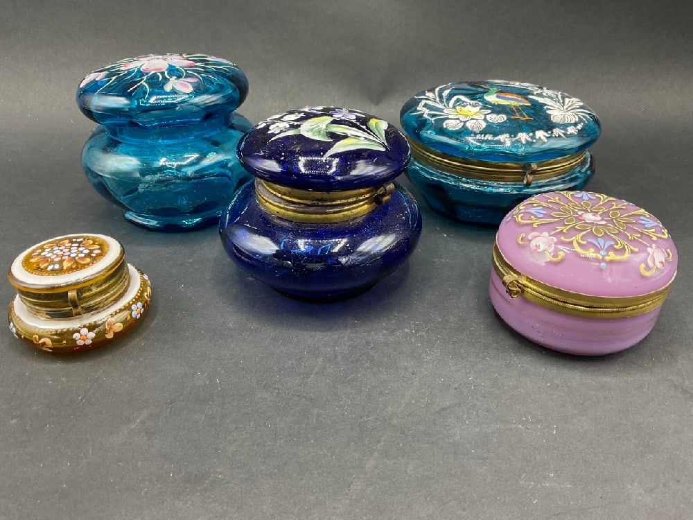 (6) Vintage Art Glass Hand Painted Trinket Boxes (1 of 5)