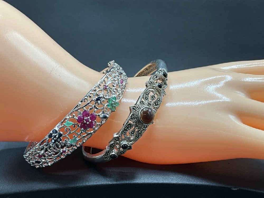 Sterling Silver Bracelets: Sterling Silver Bracelets.Good Condition, Please See Photographs Preview Dimensions:Cuff 6”D; Hinged 9”DTotal Weight: 44.19g