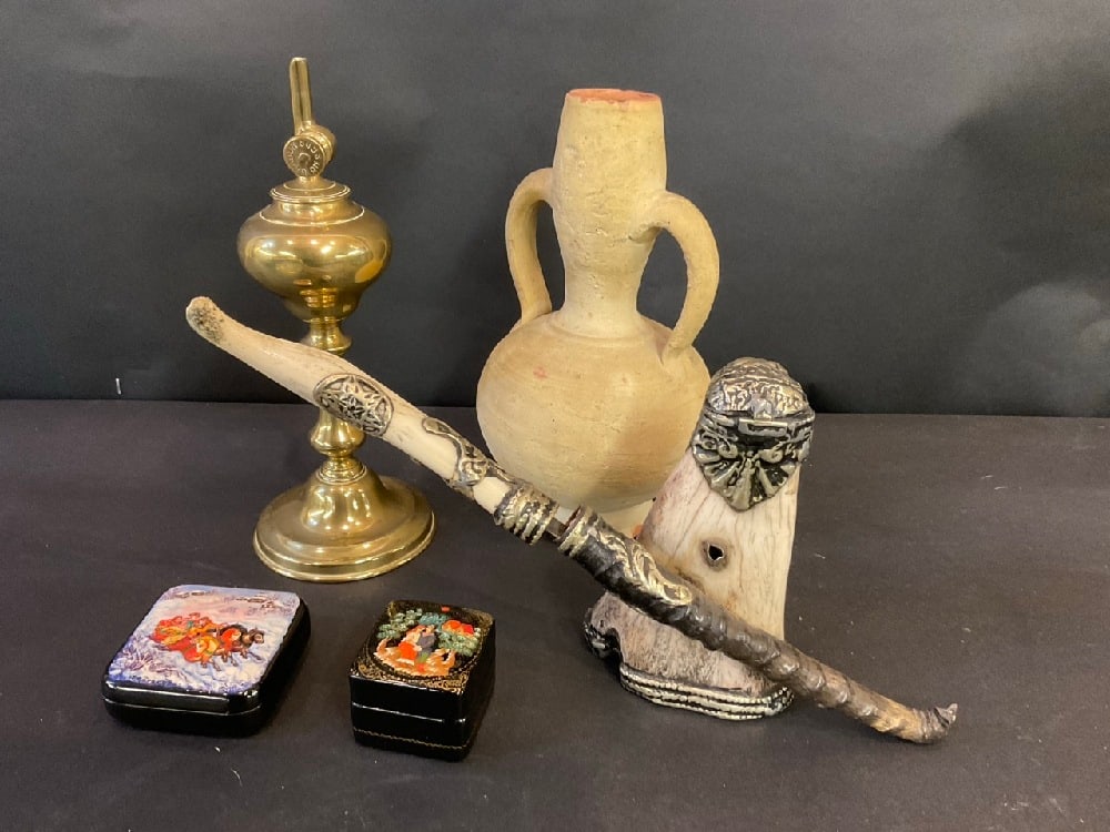 Curious Lot - French Brass Oil Lamp & Amphora, Russian Lacquer Trinket Boxes, Inkwell w/ Letter: Curious Lot - French Brass Oil Lamp & Amphora, Russian Lacquer Trinket Boxes, Inkwell w/ Letter Opener. Dimensions: Lamp - 8” x 3” Trinket Box - 1 1/4” x 1 1/2”
