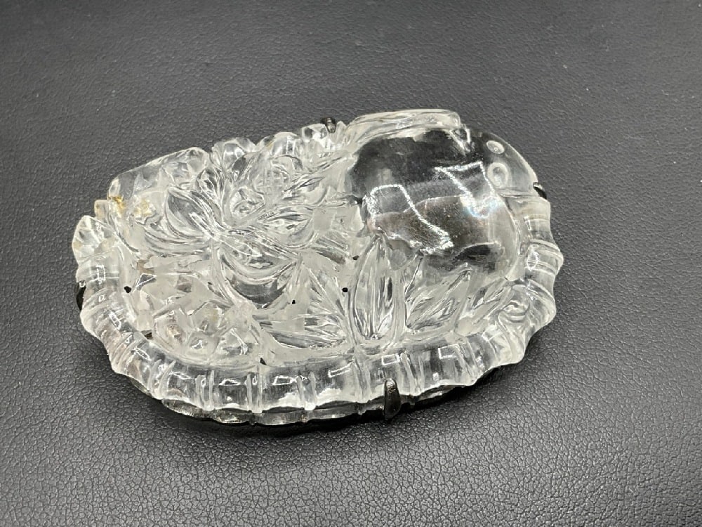 Antique Chinese Carved Rock Crystal Clip: Antique Chinese Carved Rock Crystal Clip with Sterling Silver Frame and Clip. Dimensions: 1 1/2” x 2 1/4”