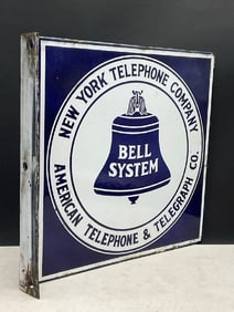 Bell System Double Sided Side Mount Cobalt Blue Enameled Sign