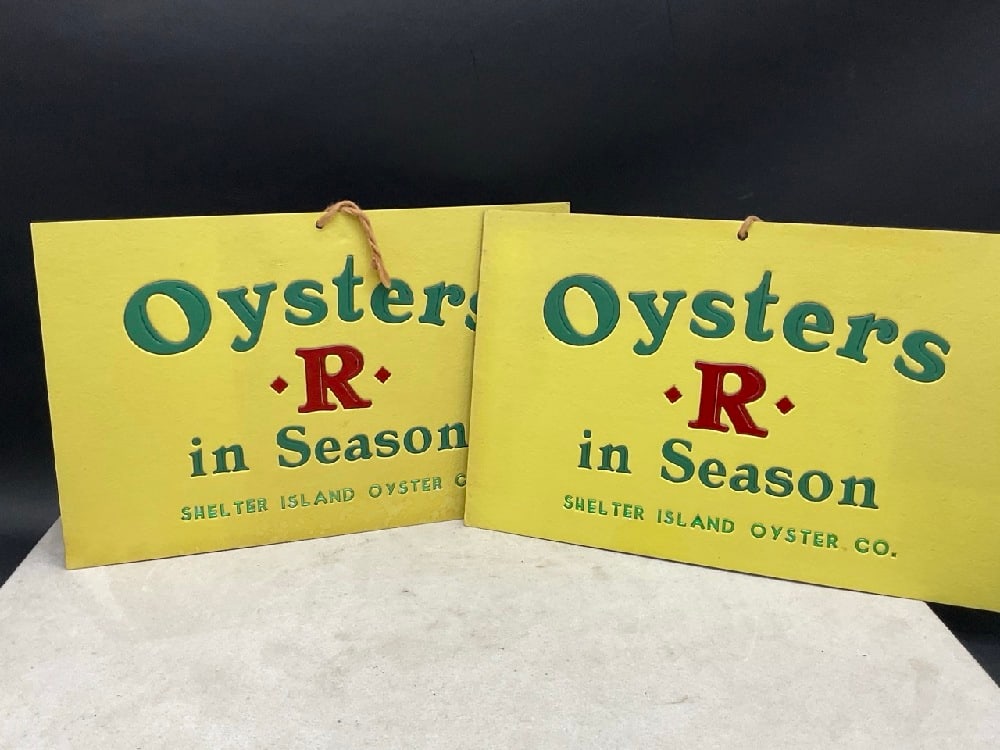 Oysters “R?? in Season Shelter Island Oyster Co. Hanging Wall Signs: Oysters “R” in Season Shelter Island Oyster Co. Hanging Wall Signs. Heavy cardboard. Dimensions: 7” x 11”