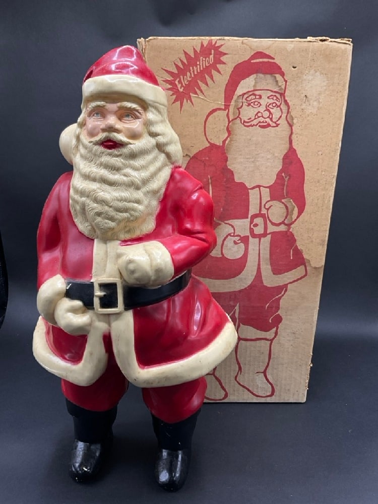 Vintage Electrified Plastic Santa: Vintage Electrified Plastic Santa. Still having original box. Condition - Missing light bulb and wire. Easy to replace. Plastic overall very good. Dimensions: 16” x 8” x 7”