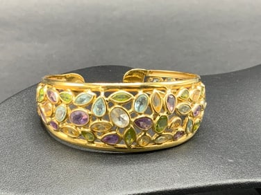 14K Yellow Gold Mosaic Multi Gemstone Cuff Bracelet