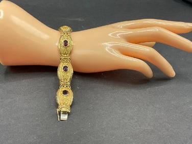 14K Yellow Gold Etruscan Style Garnet Gemstone Bracelet 28.7 Grams