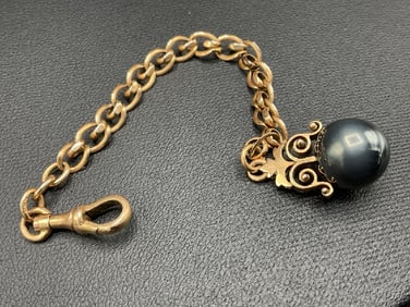 Antique 14K (585) Yellow Gold Black Pearl Watch Fob Chain
