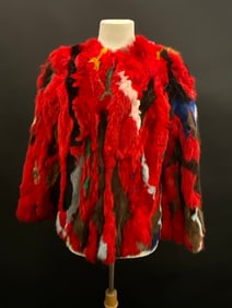 Vintage Red and Multi-Color Print Rabbit Fur Coat