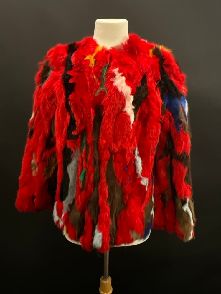 Vintage Red and Multi-Color Print Rabbit Fur Coat (1 of 6)