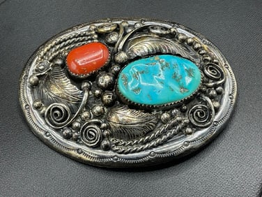 American Najaho Indian JM Sterling Silver Belt Buckle