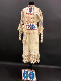 Older Native American Indian Buckskin Dress w/ Beadwork Accessories