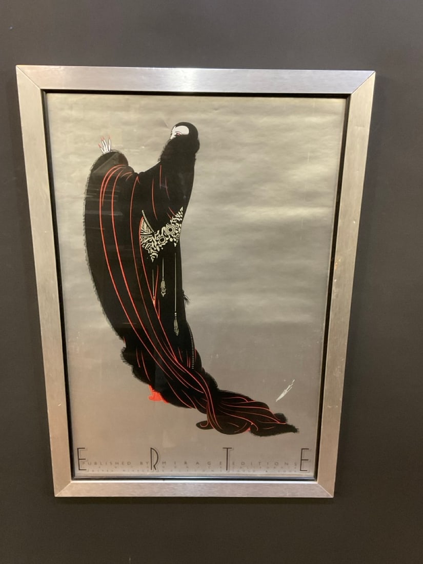 1980 Erte Art Deco Revival Serigraph Poster "Erte Soiree": 1980 Erte Art Deco Revival Serigraph Poster "Erte Soiree". Housed in period matching silvered finish frame. Dimensions: 33” x 23” x 3”