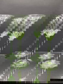 Very Rare Steuben Set of 4 Spanish Green Cordial Glasses with Leafage