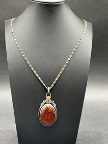 Antique Sterling Silver Amber Pendant Necklace