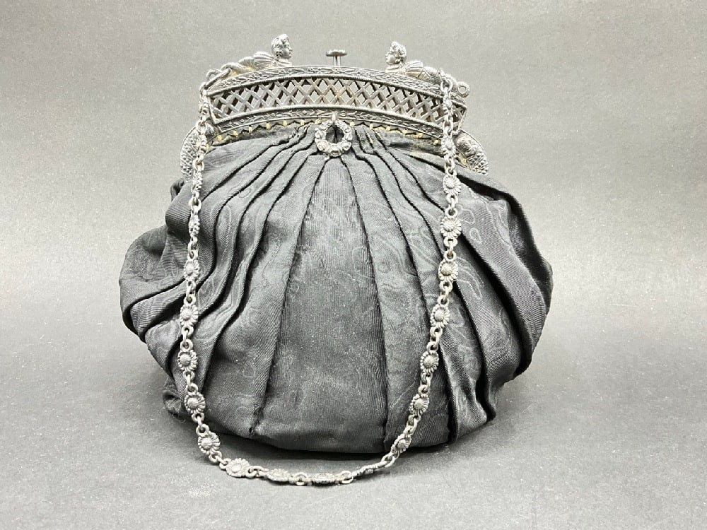 Antique Victorian Satin & Sterling Silver Mourning Handbag - Birmingham England (1 of 7)