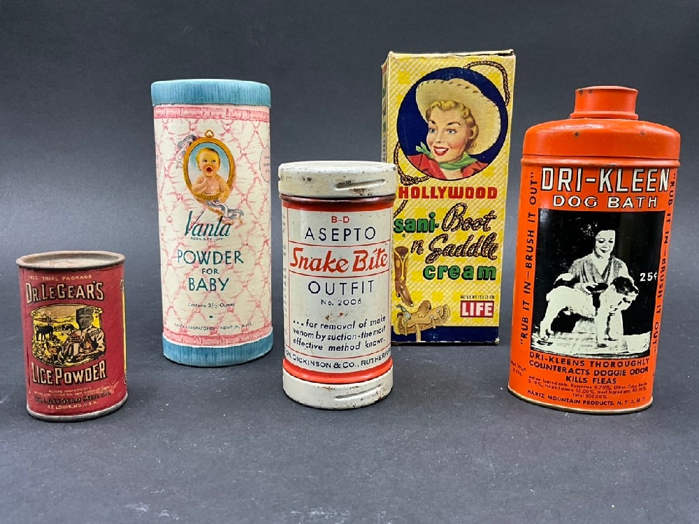 Vintage Advertising Canisters and Bottle Lot: Vintage Advertising Lot - Dr. LeGear’s Lice Powder, B-D Asepto Snake Bite Outfit, Dri-Klein Dog Bath, Hollywood Sani Boot n Saddle Cream, Vanta Baby Powder. Dimensions: 2 1/2” - 6 1/4”
