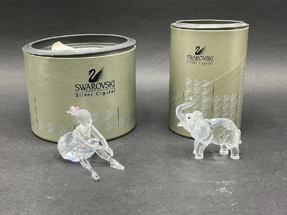 (2) Vintage Swarovski Figures - Ballerina & Elephant: (2) Vintage Swarovski Figures - Ballerina & Elephant. Dimensions: Elephant - 2” x 2 1/2” Ballerina - 1 1/2” x 2 3/4”