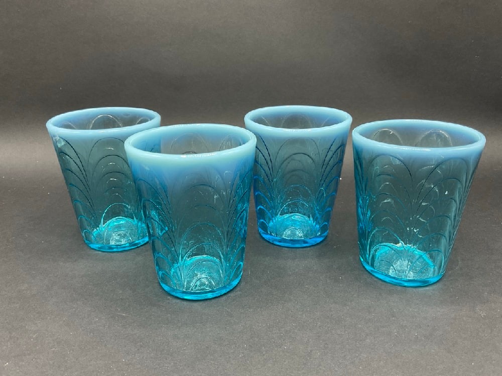 Set of (4) Four Blue Opalescent Glasses: Set of (4) Four Blue Opalescent Glasses. Dimensions: 4”