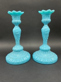Antique Portieux French Blue Milk Glass Pillar Candlesticks