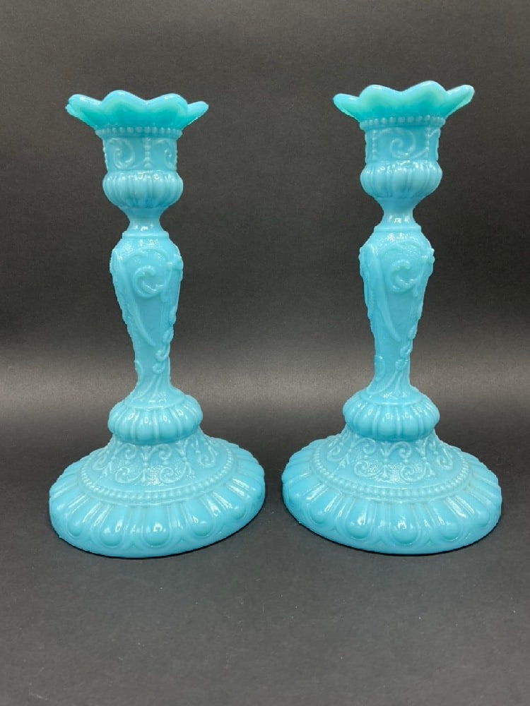 Antique Portieux French Blue Milk Glass Pillar Candlesticks: Antique Portieux French Blue Milk Glass Pillar Candlesticks. Dimensions: 8”