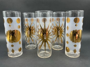 Set of (6) Six Fred Press Signed Mid Century Modern Tall Collins Glasses