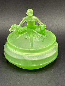 Art Deco Lidded Vaseline Glass Dresser Jar