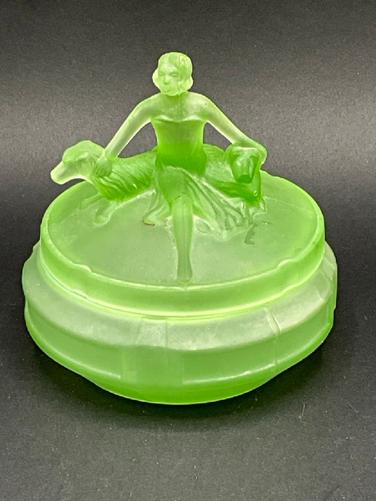 Art Deco Lidded Vaseline Glass Dresser Jar (1 of 4)