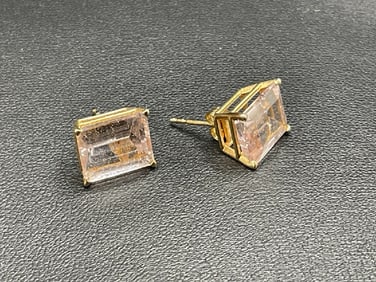 14K Yellow Gold Pink Sapphire Emerald Cut Earrings