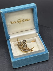 14K Yellow Gold Crescent Moon Floral Pin with Seed Pearls