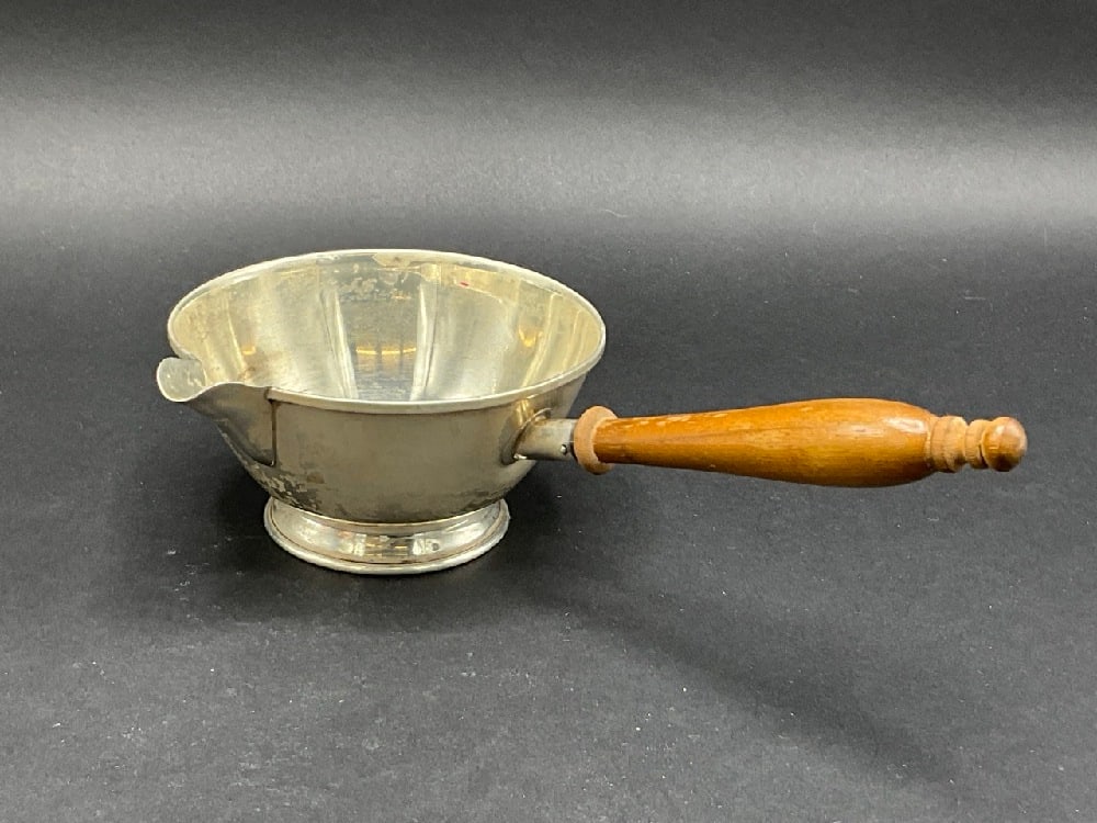 Sterling Silver Porringer w/ Wood Handle: Sterling Silver Porringer with wood handle. Total weight: 84 grams Dimensions: 2 1/4” x 5 1/2”