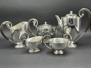 Five (5) Piece Georg Jensen Wendel AS Sterling Silver Tea Set