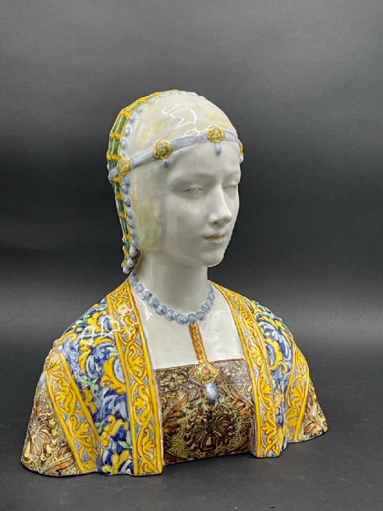 Angelo Minghetti, Bologna, Italy, Signed Majolica Renaissance Bust.: Angelo Minghetti, Bologna, Italy, Signed Majolica Renaissance Bust.Dimensions: 10 1/2” x 9”.