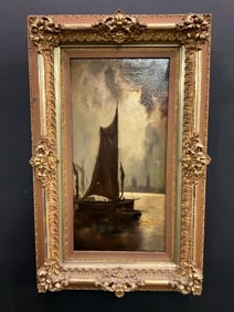 19th Century Fishing Boat Painting w/ Westminster in Distance