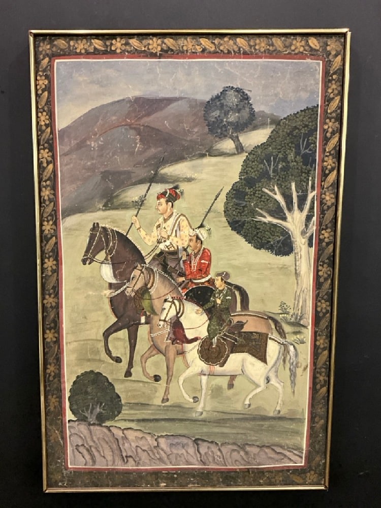Emperor Shah Jahan & Sons on Horseback Oil Painting: Emperor Shah Jahan & Sons on Horseback Oil Painting.Oil on Fabric. Dimensions: 42” x 26 1/2” and 43” x 27 1/2” framed.