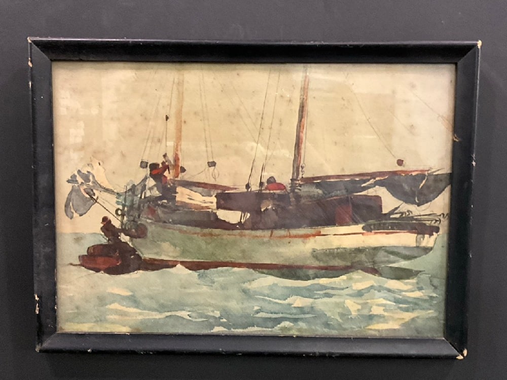 Homer Winslow (1836-1910) "Taking On Wet Goods": Homer Winslow (1836-1910) "Taking On Wet Goods" Print Framed.Condition: Spots on paper throughout piece. Dimensions: 9 3/4” x 14” and 11 1/2” x 16”