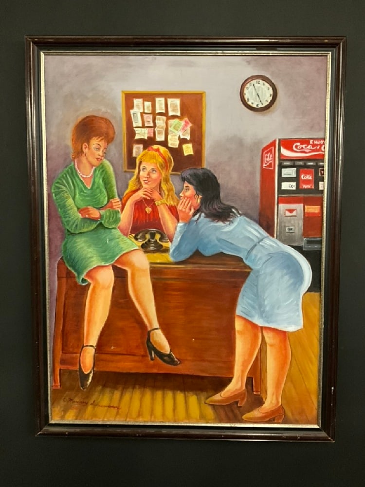 Murray "Schwimmer" Papell (American, 1924-2017) Office Chatter: Murray "Schwimmer" Papell (American, 1924-2017) Oil on CanvasDated: 2000Dimensions: 31 1/4” x 29 1/4” and 43 1/4” x 33 1/4 framed. Murray "Schwimmer" Papell (American, b. 1924-2017) 