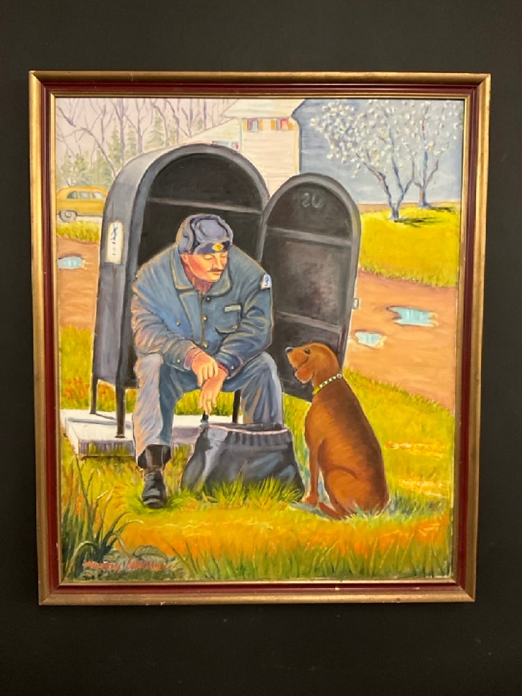 Murray "Schwimmer" Papell (American, 1926-2011) Mailman: Murray "Schwimmer" Papell (American, 1926-2011) Oil on Canvas.Titled: Mailman.Dimensions: 33 1/4” x 23 1/2” and 36 1/2” x 31” framed. Murray "Schwimmer" Papell (American, b. 19