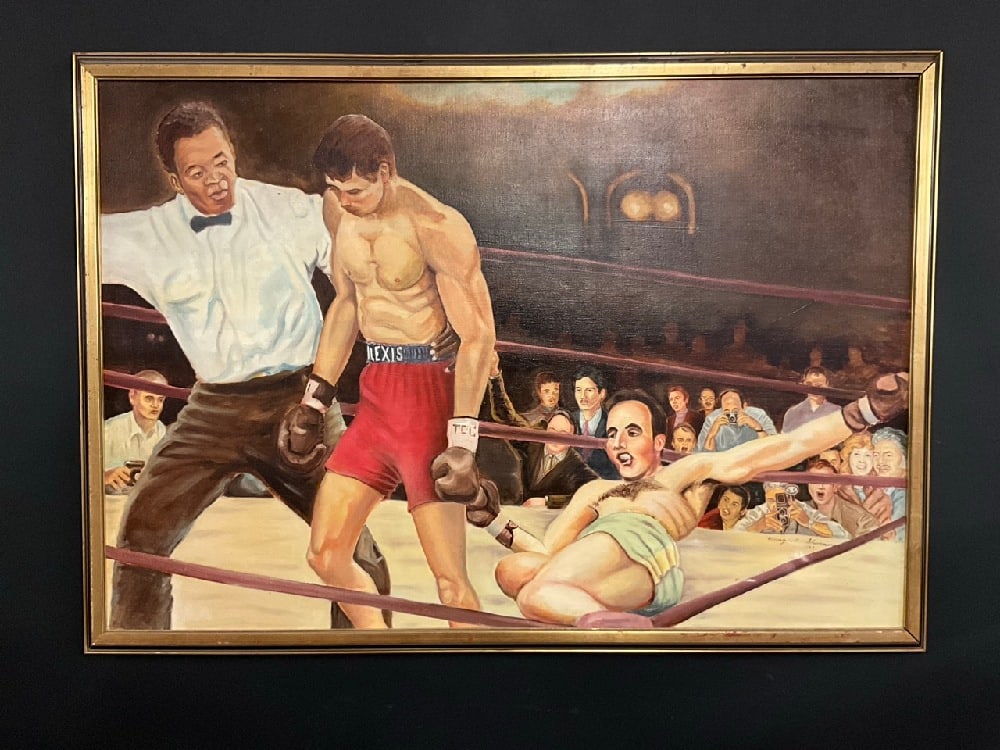 Murray "Schwimmer" Papell (American, 1926-2011) T.K.O!: Murray "Schwimmer" Papell (American, 1926-2011) Oil on Canvas.Dated: 1983Dimensions: 33” x 49” and 37”x 52” framed. Murray "Schwimmer" Papell (American, b. 1926-2011) Native to