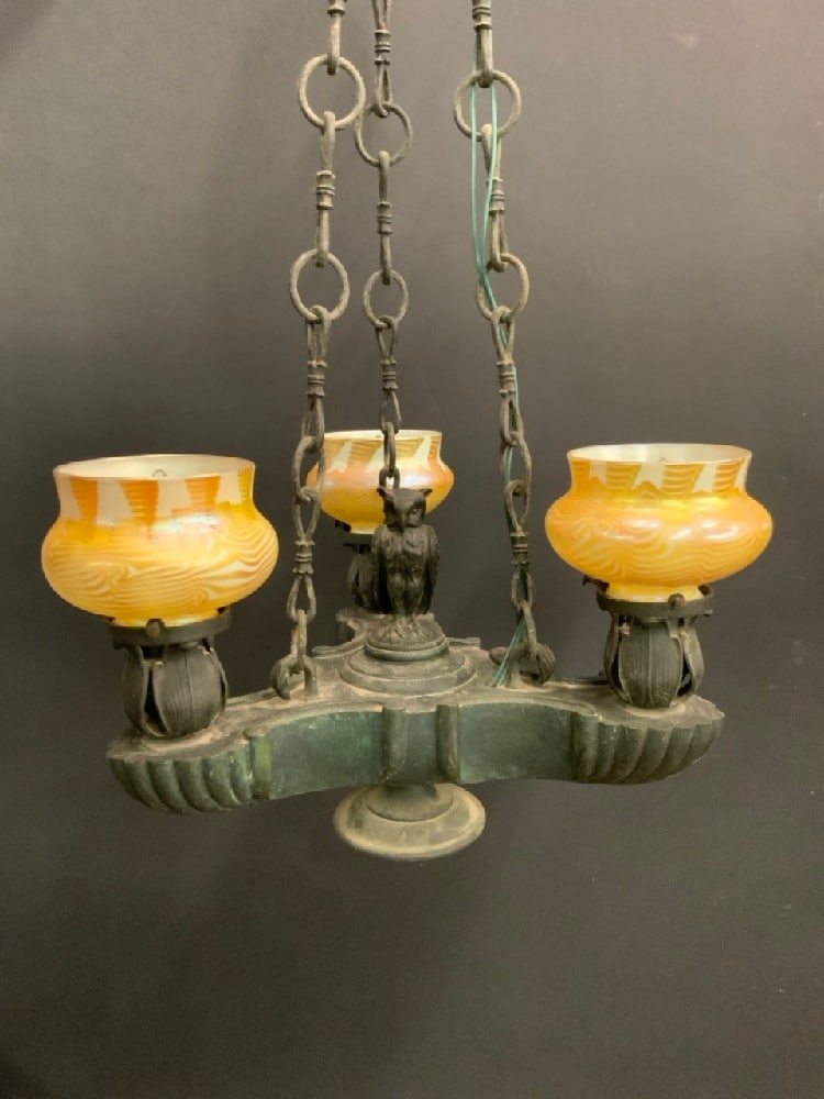 1920's Cast Iron Owl Finial Chandelier with Quezel Shades (1 of 15)