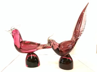 Two (2) Oversized Vintage Murano Glass Pheasant Birds
