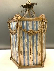 Art Nouveau Bronze Light Fixture Floral Garland with Blue and Clear Glass Rods