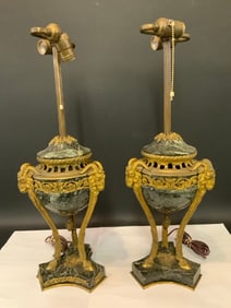 19th c. French Louis XV Bronze Ormolu and Green Marble Urn Table Lamps