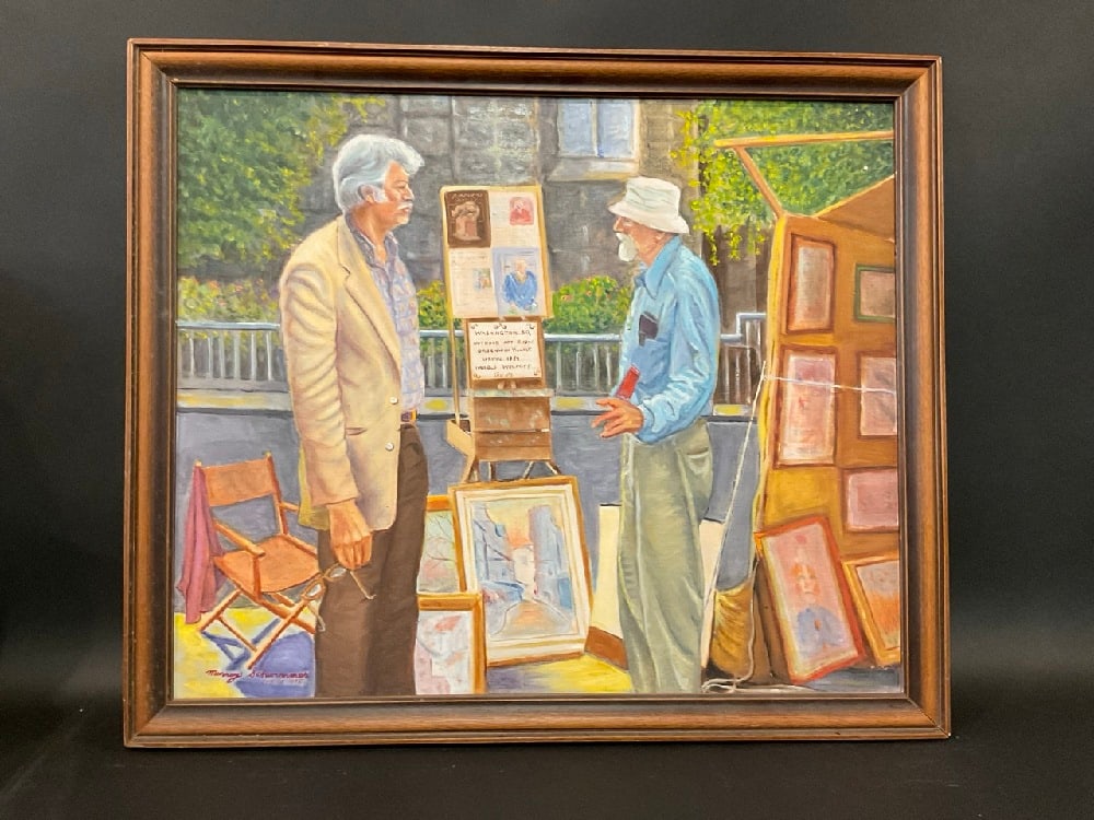 Murray "Schwimmer" Papell (American, b. 1926-2011) Washington Square Artist Conversation: Murray "Schwimmer" Papell (American, b. 1924-2017) Oil on CanvasDated 1985Dimensions: 22 1/8”H x 26 1/8” W framed. Murray "Schwimmer" Papell (American, b. 1924-2017) Native to Flushing, Qu