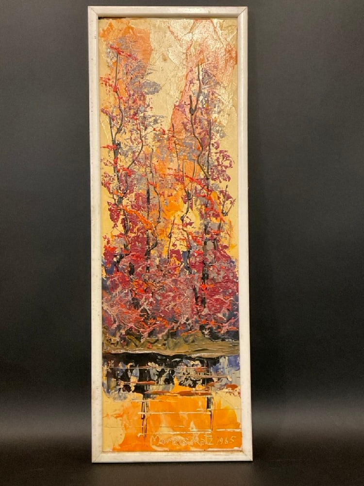 Morris Katz (Polish/ American, 1932-2010)Autumn Woods Scene 1965: Morris Katz (Polish/ American, 1932-2010)Oil on BoardDated: 1965Dimensions:25” H x 8 1/2” W framed.