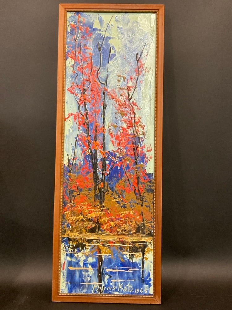 Morris Katz (Polish/ American, 1932-2010) Winter Woods Scene Abstract 1965: Morris Katz (Polish/ American, 1932-2010)Oil on BoardDated: 1965 Dimensions: 25” H x 9” W framed