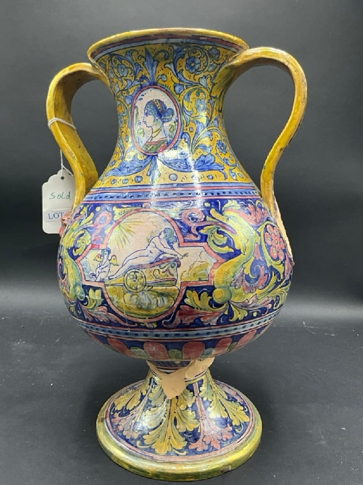 Large Damaged Signed Alfredo Santerelli Majolica Luster Double Handled Urn (1 of 6)