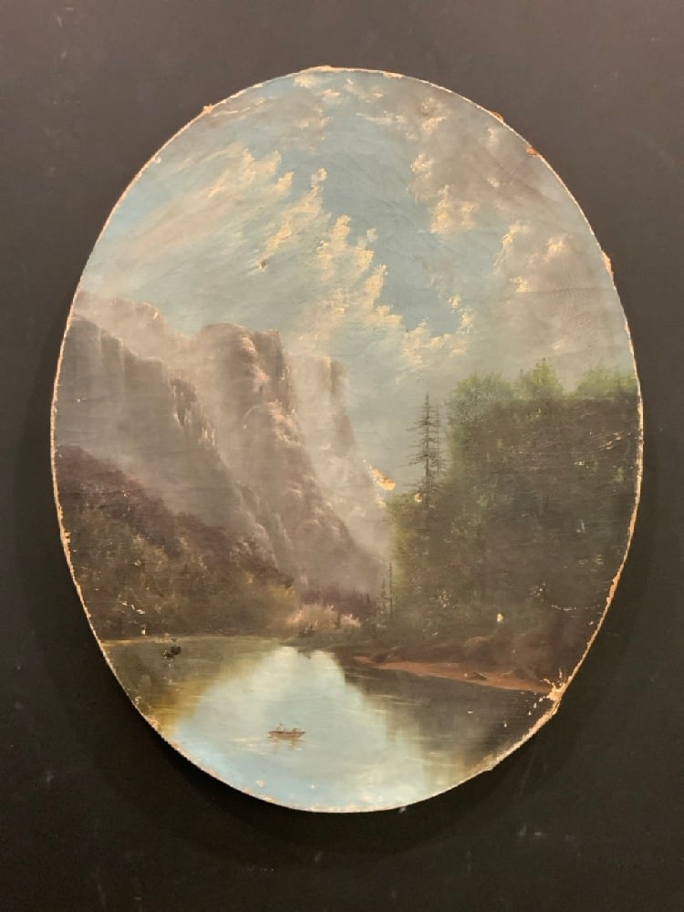 19th Century Oil on Canvas Mirrored Lake w/Mountain Landscape (1 of 6)