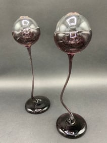 Pair of Heavy Amethyst Art Glass Tall Sculptured Oil Lamps