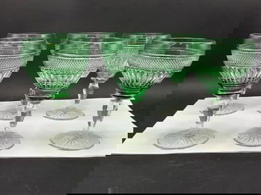 Six (6) Green Cut To Clear Crystal Goblets