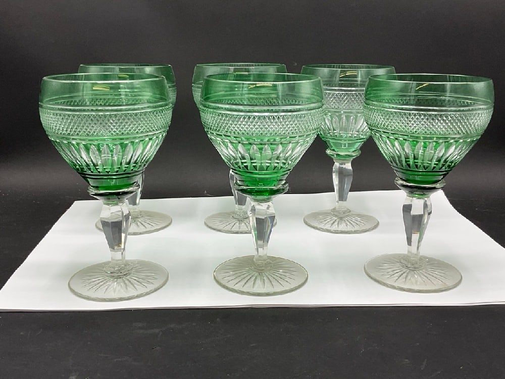 Six (6) Green Cut To Clear Crystal Goblets (1 of 5)