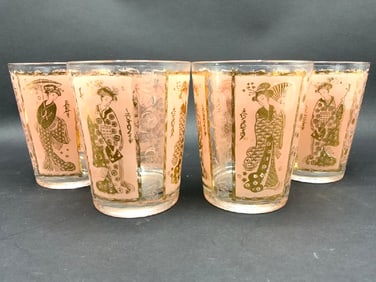 (4) 1950s Mid Century Modern Retro Geisha Girl Drinking Glasses